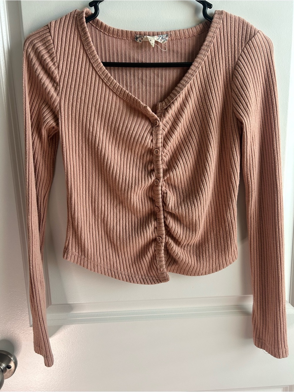 Pink Republic Ruched Button-Front Ribbed Long Sleeve Crop Top - Dusty Pink